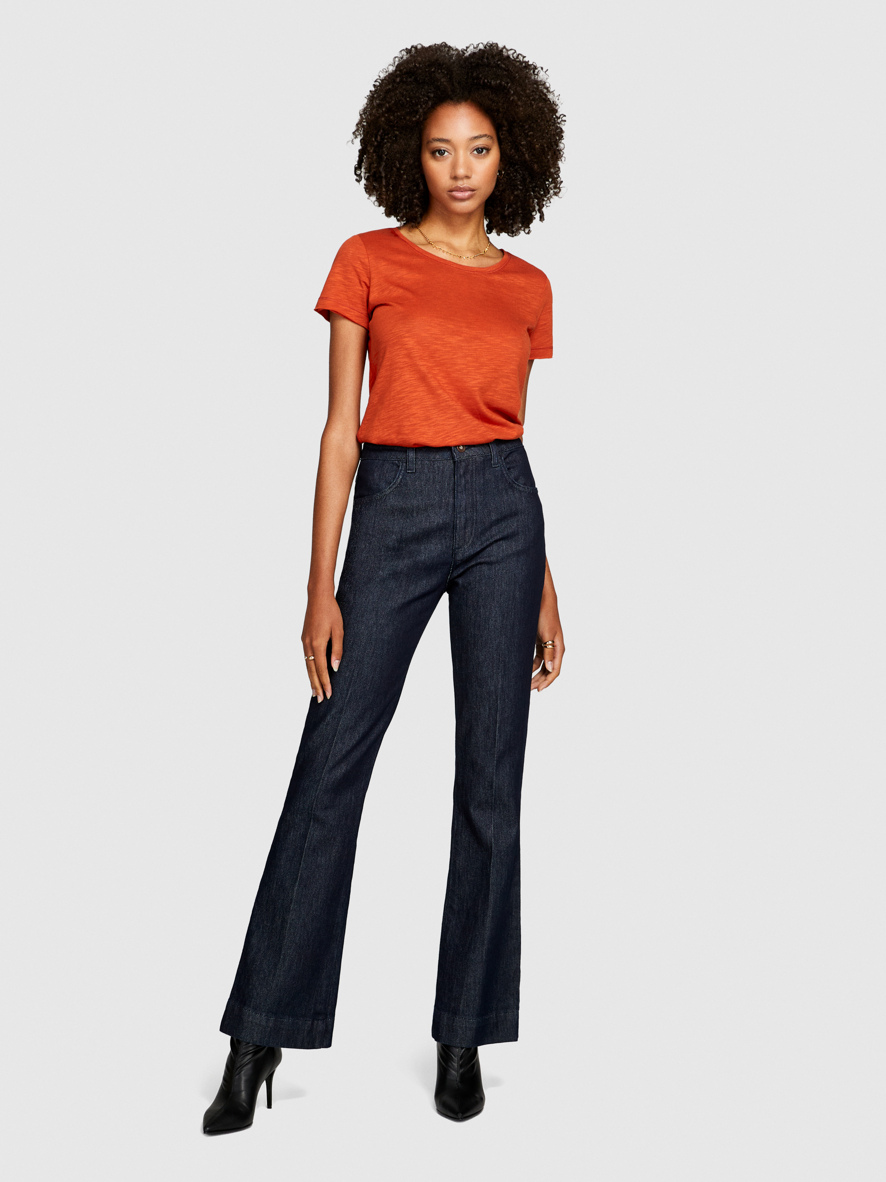Sisley - Round Neck T-shirt With Raw Cut, Woman, Orange, Size: M