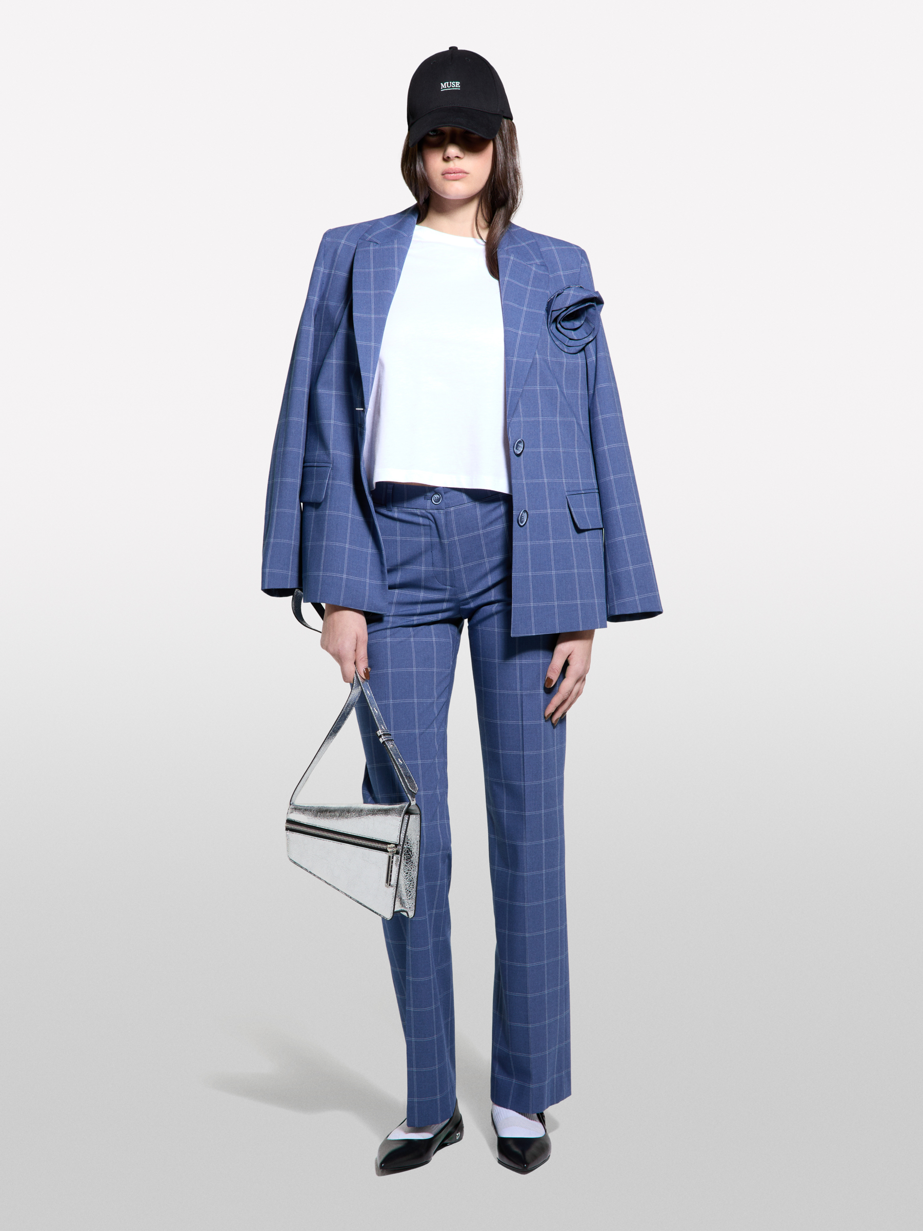 Sisley - Karierter Blazer Mit Brosche, Frau, Blau, Größe: 44