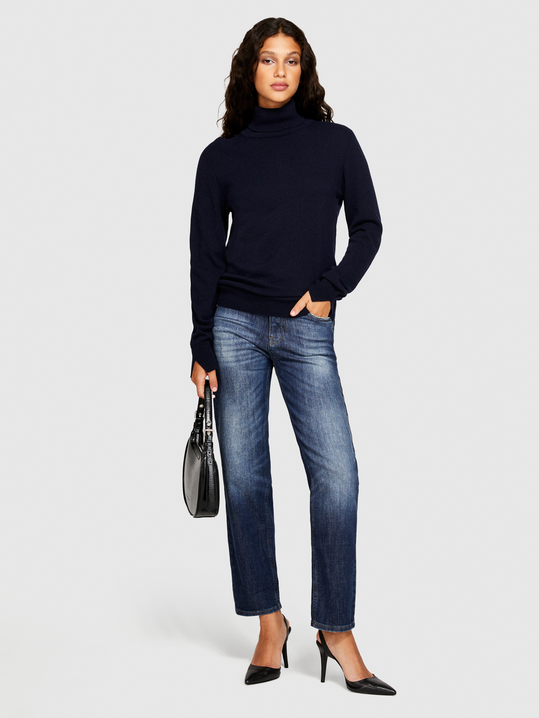 Sisley - High Neck Sweater, Woman, Dark Blue, Size: XS