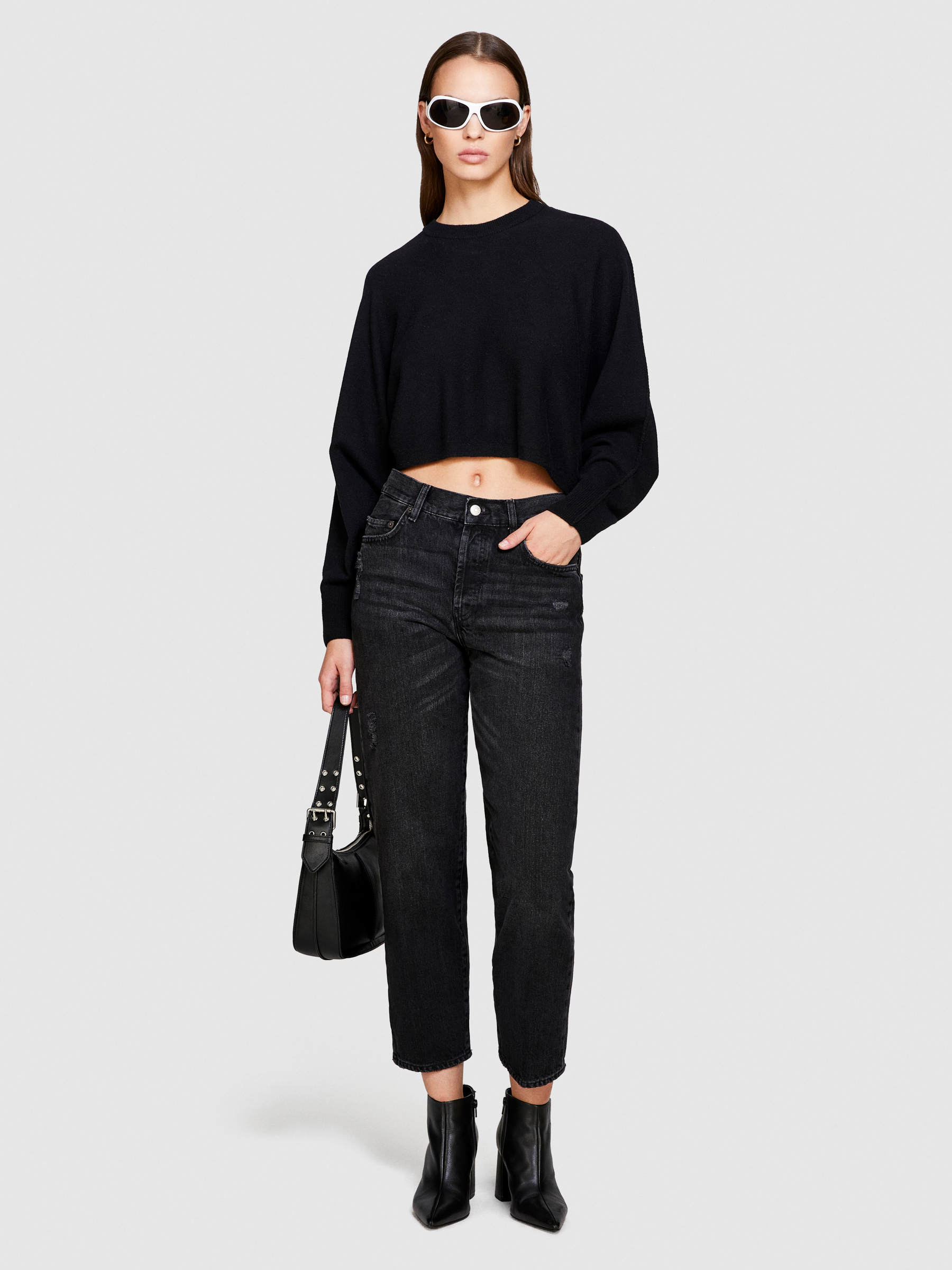 Sisley - Cropped Sweater, Woman, Black, Size: L