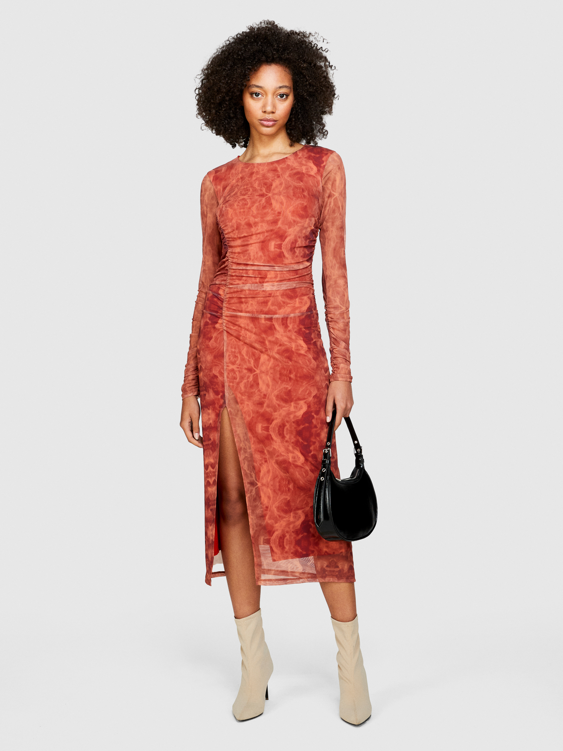 Sisley - Tulle Dress With Rouching, Woman, Orange, Size: M