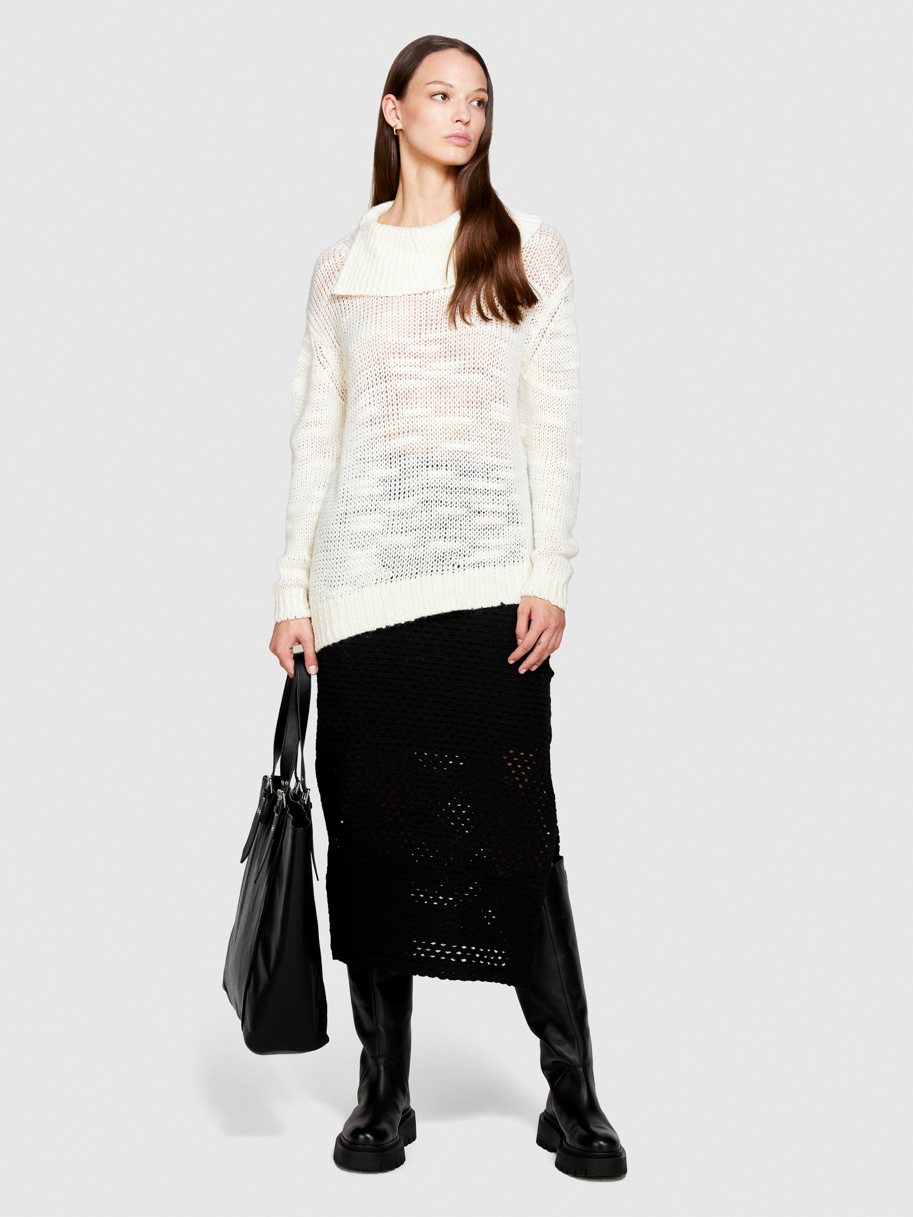 Sisley - Sweater With Slit, Woman, White, Size: XS