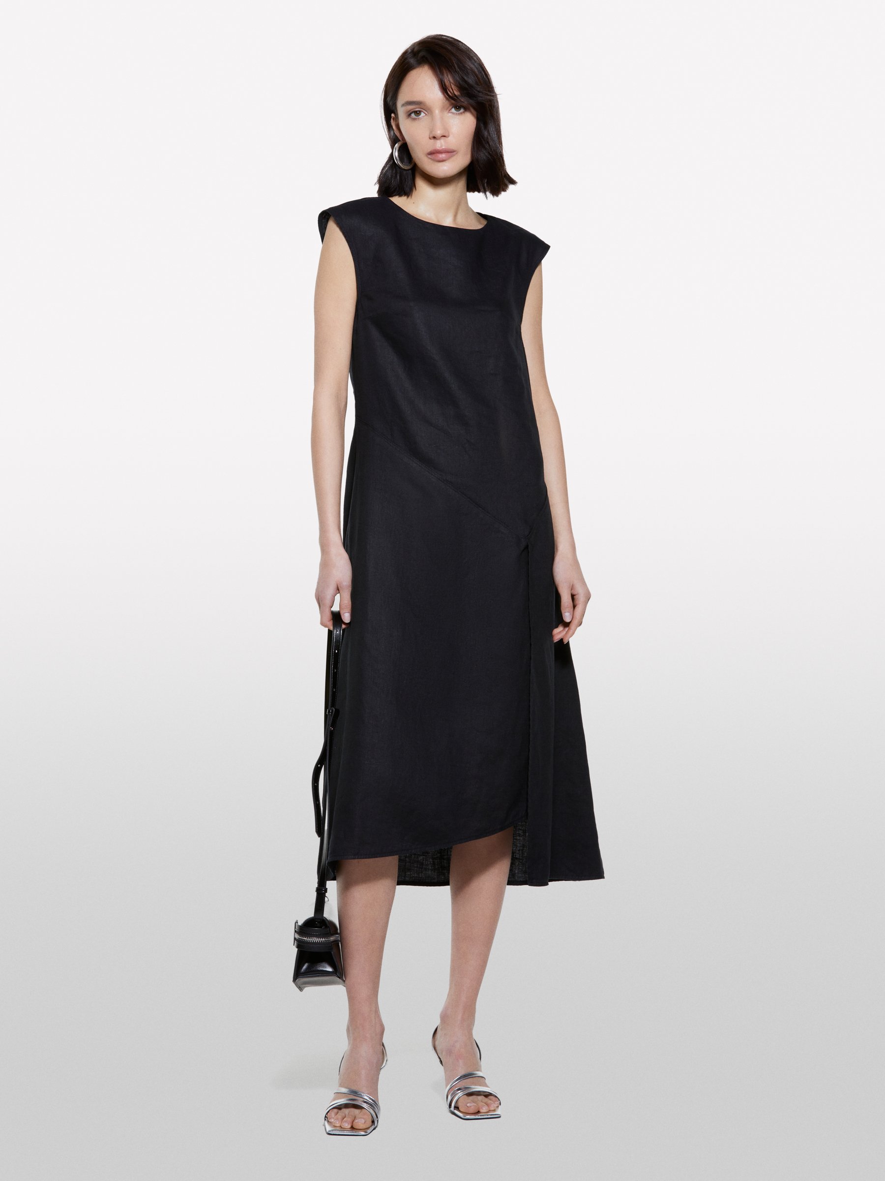 Vestito Corto Vestito Nero Sisley Dress Vestito Sisley Abito Nero Sisley  Vestito Nero In 100% Lino