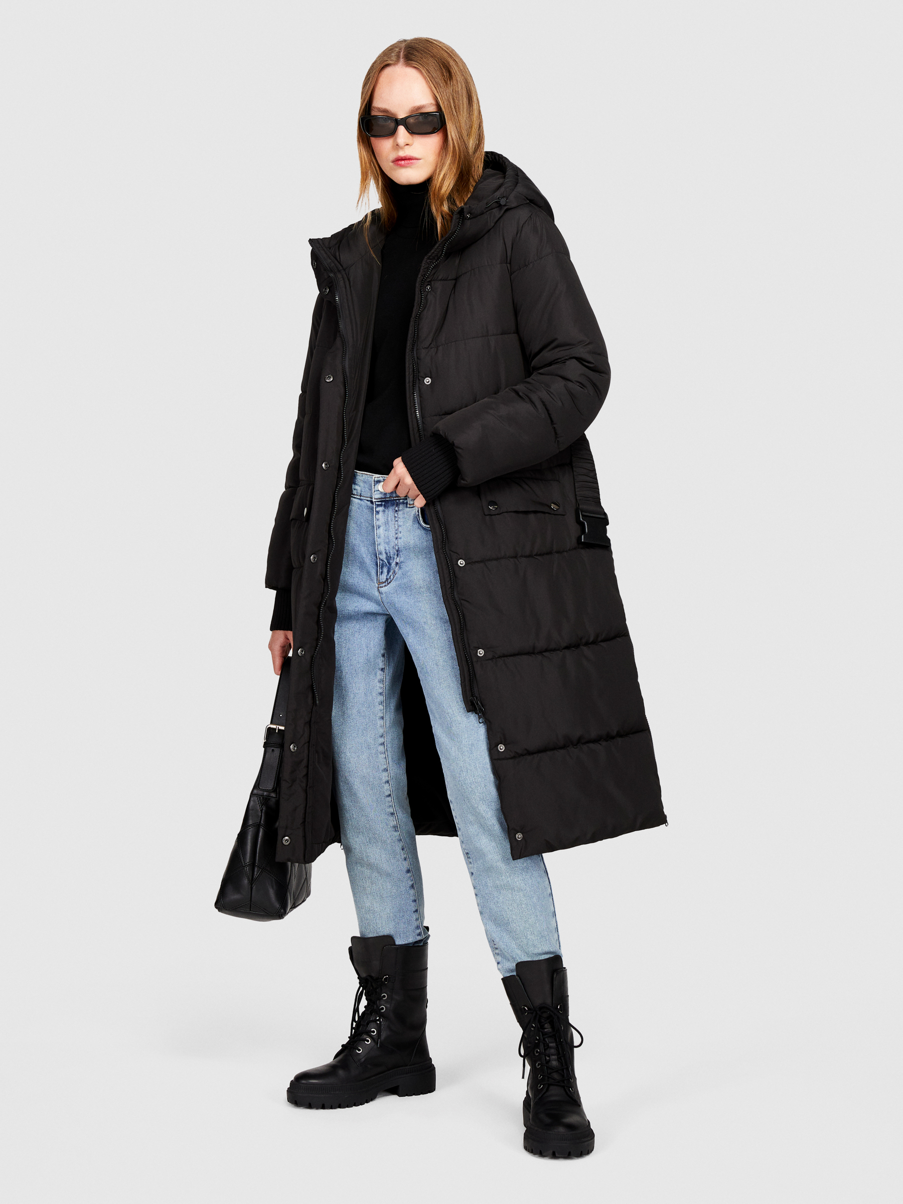Sisley - Longline Padded Jacket, Woman, Black, Size: 38
